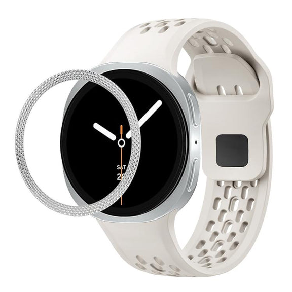 For Samsung Galaxy Watch8 40mm Rhombic Texture Bezel and Black Reverse Buckle Silicone Watch Band(Beige Silver)