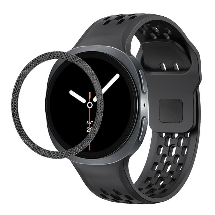 For Samsung Galaxy Watch8 40mm Rhombic Texture Bezel and Black Reverse Buckle Silicone Watch Band(Black Black)