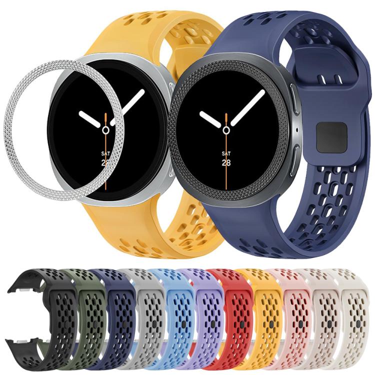 For Samsung Galaxy Watch8 40mm Rhombic Texture Bezel and Black Reverse Buckle Silicone Watch Band(Starlight Silver)