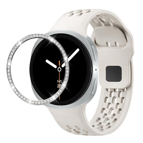 For Samsung Galaxy Watch8 44mm Diamond Bezel and Black Reverse Buckle Silicone Watch Band(Beige Silver)