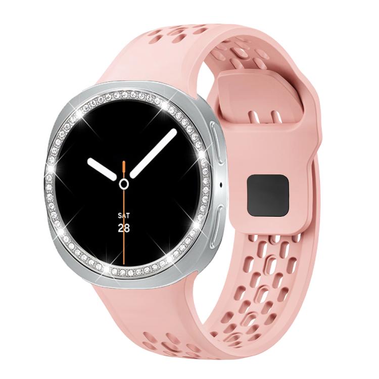 For Samsung Galaxy Watch8 44mm Diamond Bezel and Black Reverse Buckle Silicone Watch Band(Pink Silver)
