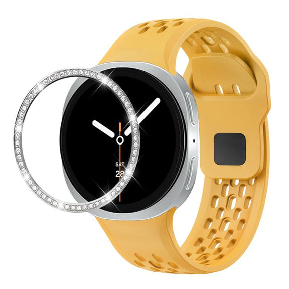 For Samsung Galaxy Watch8 44mm Diamond Bezel and Black Reverse Buckle Silicone Watch Band(Yellow Silver)