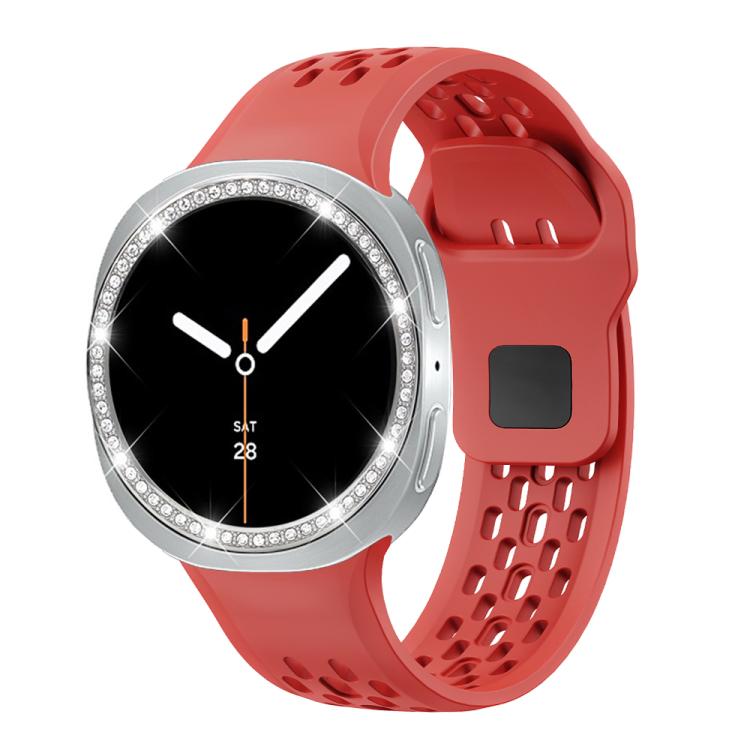 For Samsung Galaxy Watch8 44mm Diamond Bezel and Black Reverse Buckle Silicone Watch Band(Red Silver)