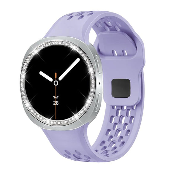 For Samsung Galaxy Watch8 44mm Diamond Bezel and Black Reverse Buckle Silicone Watch Band(Purple Silver)