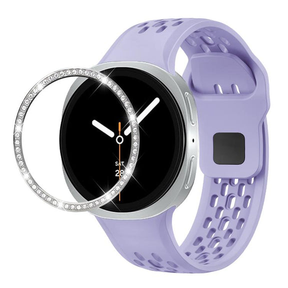 For Samsung Galaxy Watch8 44mm Diamond Bezel and Black Reverse Buckle Silicone Watch Band(Purple Silver)