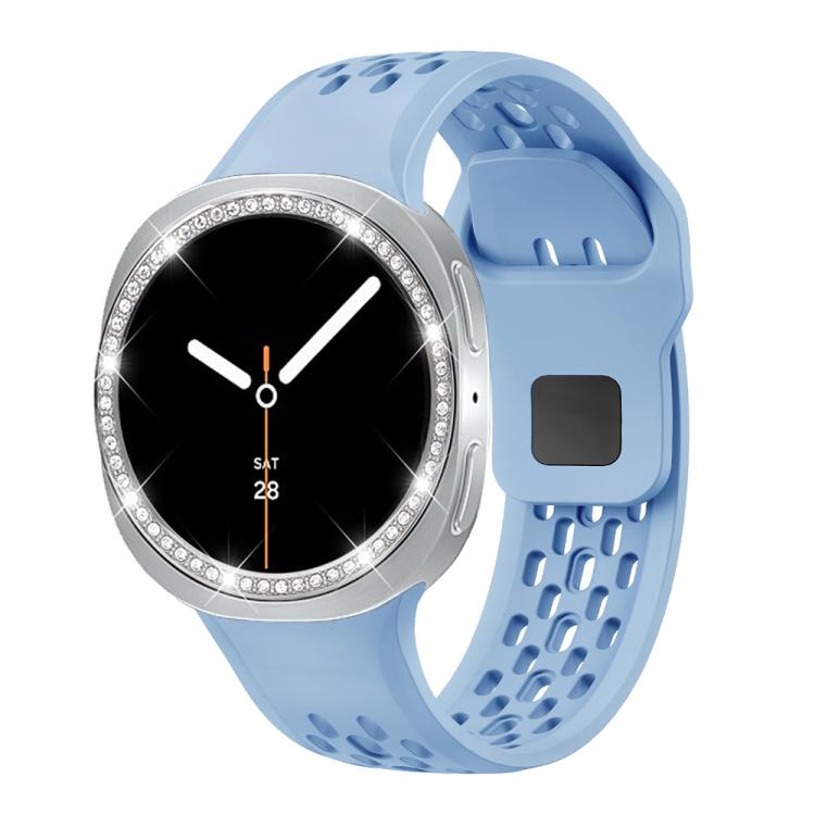 For Samsung Galaxy Watch8 44mm Diamond Bezel and Black Reverse Buckle Silicone Watch Band(Light Blue Silver)