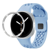 For Samsung Galaxy Watch8 44mm Diamond Bezel and Black Reverse Buckle Silicone Watch Band(Light Blue Silver)