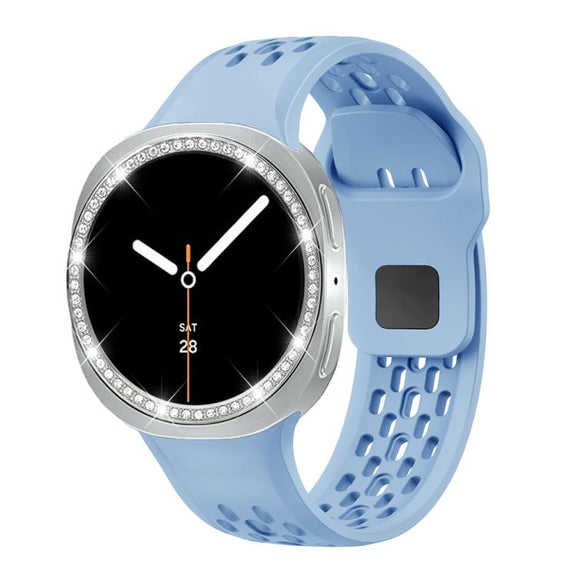For Samsung Galaxy Watch8 44mm Diamond Bezel and Black Reverse Buckle Silicone Watch Band(Light Blue Silver)