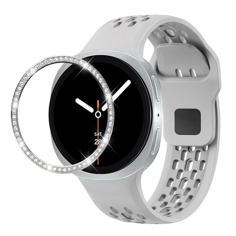 For Samsung Galaxy Watch8 44mm Diamond Bezel and Black Reverse Buckle Silicone Watch Band(Gray Silver)