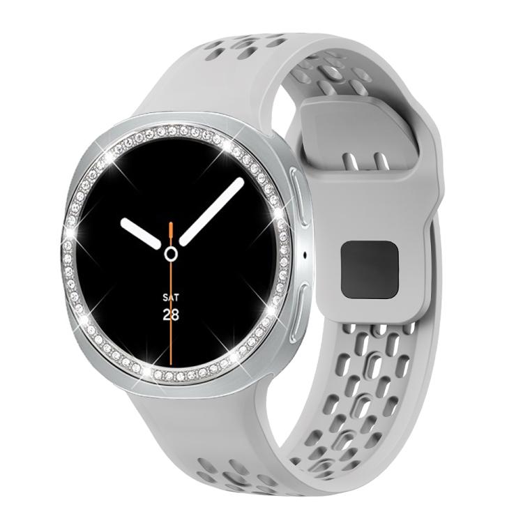 For Samsung Galaxy Watch8 44mm Diamond Bezel and Black Reverse Buckle Silicone Watch Band(Gray Silver)