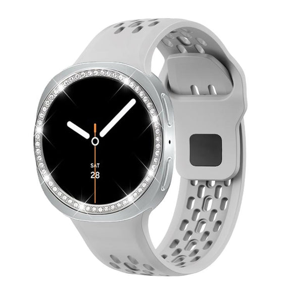 For Samsung Galaxy Watch8 44mm Diamond Bezel and Black Reverse Buckle Silicone Watch Band(Gray Silver)