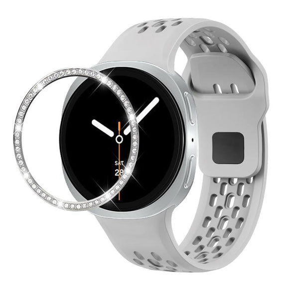 For Samsung Galaxy Watch8 44mm Diamond Bezel and Black Reverse Buckle Silicone Watch Band(Gray Silver)
