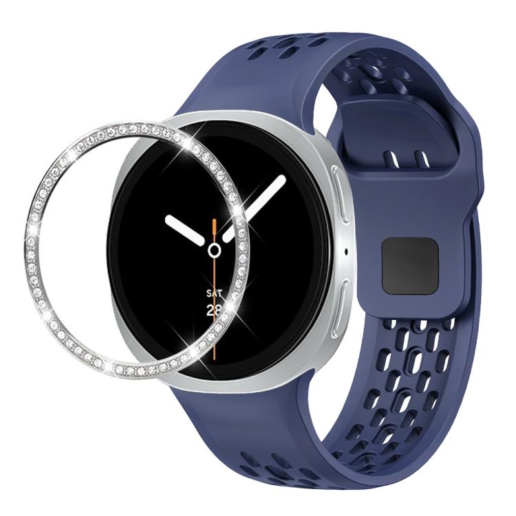 For Samsung Galaxy Watch8 44mm Diamond Bezel and Black Reverse Buckle Silicone Watch Band(Midnight Blue Silver)