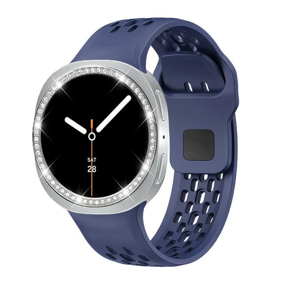 For Samsung Galaxy Watch8 44mm Diamond Bezel and Black Reverse Buckle Silicone Watch Band(Midnight Blue Silver)