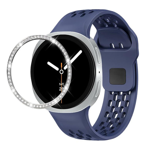 For Samsung Galaxy Watch8 44mm Diamond Bezel and Black Reverse Buckle Silicone Watch Band(Midnight Blue Silver)