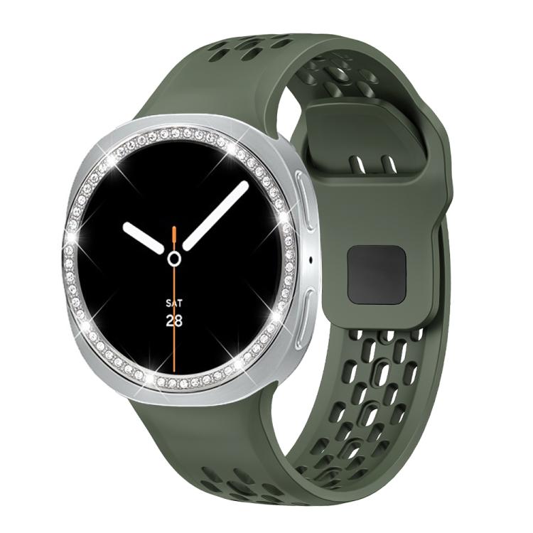 For Samsung Galaxy Watch8 44mm Diamond Bezel and Black Reverse Buckle Silicone Watch Band(Army Green Silver)
