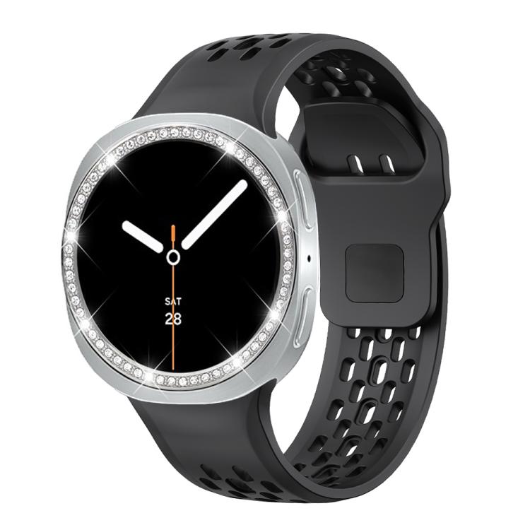 For Samsung Galaxy Watch8 44mm Diamond Bezel and Black Reverse Buckle Silicone Watch Band(Black Silver)