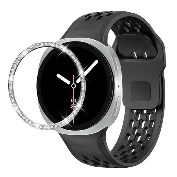 For Samsung Galaxy Watch8 44mm Diamond Bezel and Black Reverse Buckle Silicone Watch Band(Black Silver)