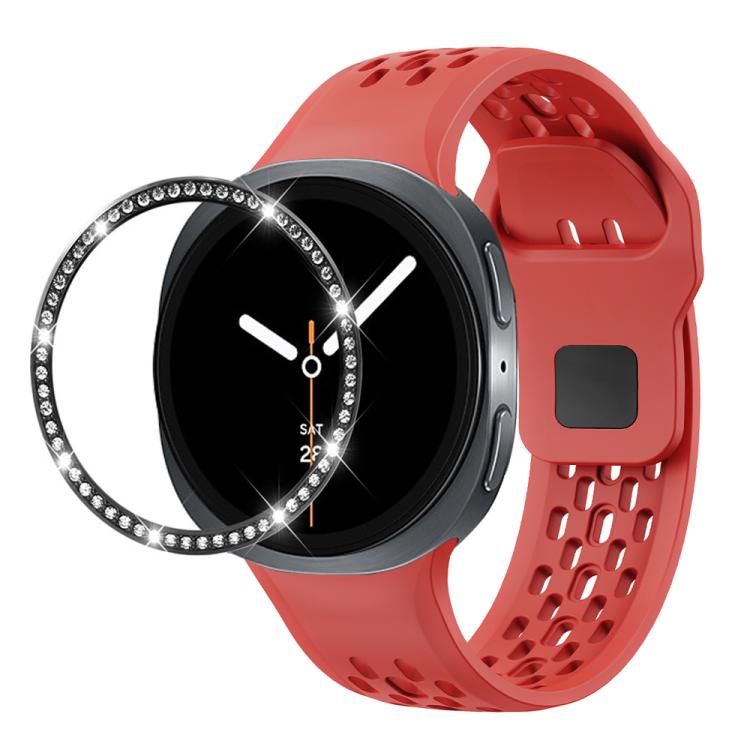 For Samsung Galaxy Watch8 44mm Diamond Bezel and Black Reverse Buckle Silicone Watch Band(Red Black)