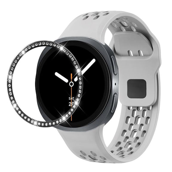 For Samsung Galaxy Watch8 44mm Diamond Bezel and Black Reverse Buckle Silicone Watch Band(Gray Black)