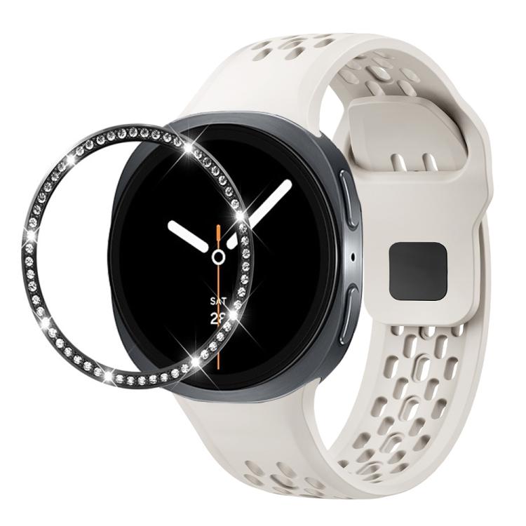 For Samsung Galaxy Watch8 44mm Diamond Bezel and Black Reverse Buckle Silicone Watch Band(Beige Black)