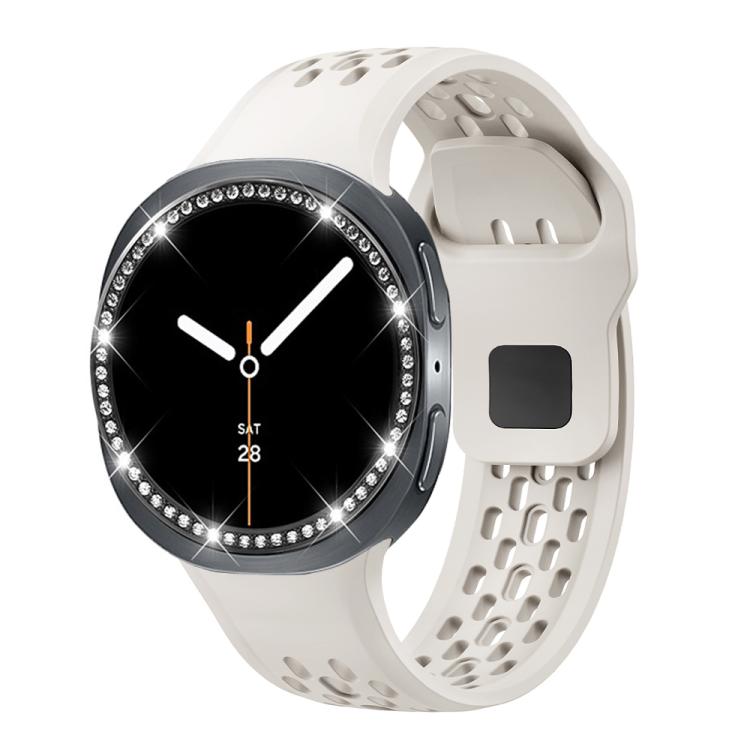 For Samsung Galaxy Watch8 44mm Diamond Bezel and Black Reverse Buckle Silicone Watch Band(Beige Black)