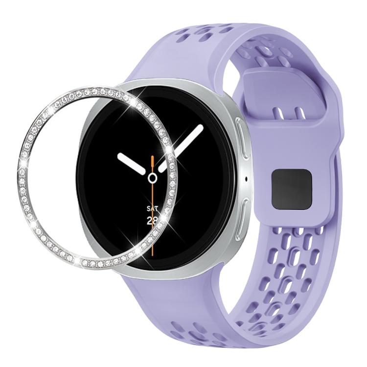 For Samsung Galaxy Watch8 40mm Diamond Bezel and Black Reverse Buckle Silicone Watch Band(Purple Silver)