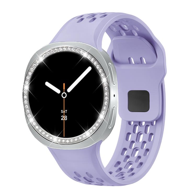 For Samsung Galaxy Watch8 40mm Diamond Bezel and Black Reverse Buckle Silicone Watch Band(Purple Silver)