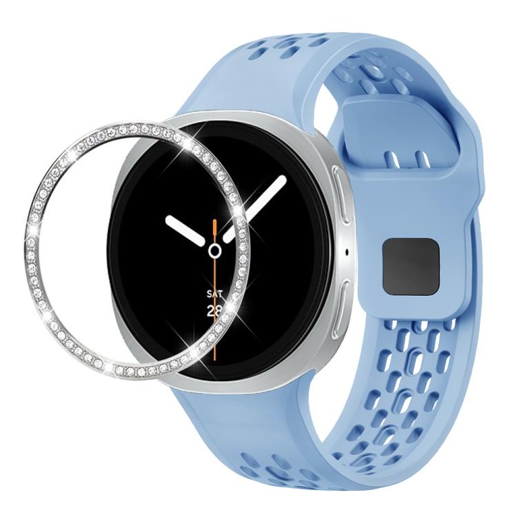 For Samsung Galaxy Watch8 40mm Diamond Bezel and Black Reverse Buckle Silicone Watch Band(Light Blue Silver)