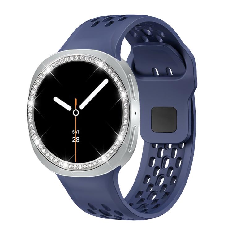 For Samsung Galaxy Watch8 40mm Diamond Bezel and Black Reverse Buckle Silicone Watch Band(Midnight Blue Silver)