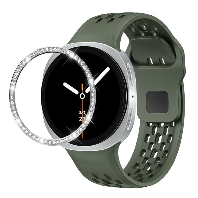 For Samsung Galaxy Watch8 40mm Diamond Bezel and Black Reverse Buckle Silicone Watch Band(Army Green Silver)