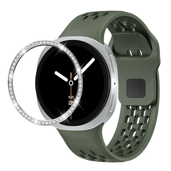For Samsung Galaxy Watch8 40mm Diamond Bezel and Black Reverse Buckle Silicone Watch Band(Army Green Silver)