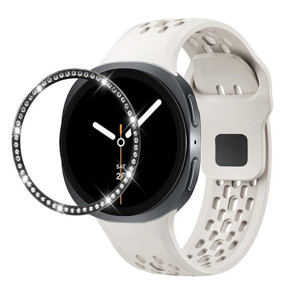 For Samsung Galaxy Watch8 40mm Diamond Bezel and Black Reverse Buckle Silicone Watch Band(Beige Black)