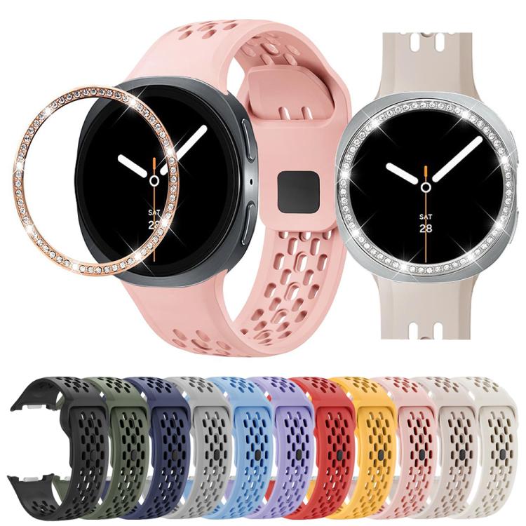 For Samsung Galaxy Watch8 44mm Diamond Bezel and Black Reverse Buckle Silicone Watch Band(Light Blue Silver)