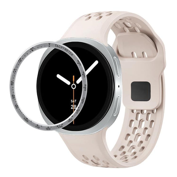 For Samsung Galaxy Watch8 44mm Speed Bezel and Black Reverse Buckle Silicone Watch Band(Starlight Silver)