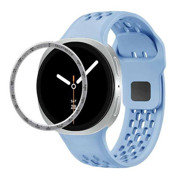 For Samsung Galaxy Watch8 44mm Speed Bezel and Black Reverse Buckle Silicone Watch Band(Light Blue Silver)