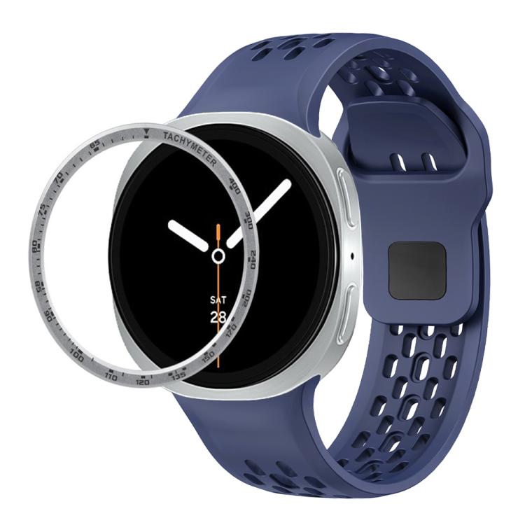 For Samsung Galaxy Watch8 44mm Speed Bezel and Black Reverse Buckle Silicone Watch Band(Midnight Blue Silver)