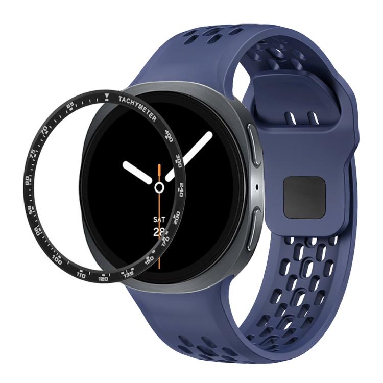 For Samsung Galaxy Watch8 44mm Speed Bezel and Black Reverse Buckle Silicone Watch Band(Midnight Blue Black)