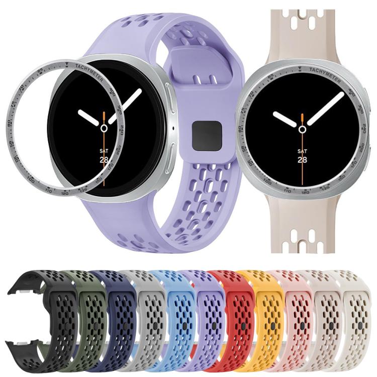 For Samsung Galaxy Watch8 44mm Speed Bezel and Black Reverse Buckle Silicone Watch Band(Light Blue Silver)
