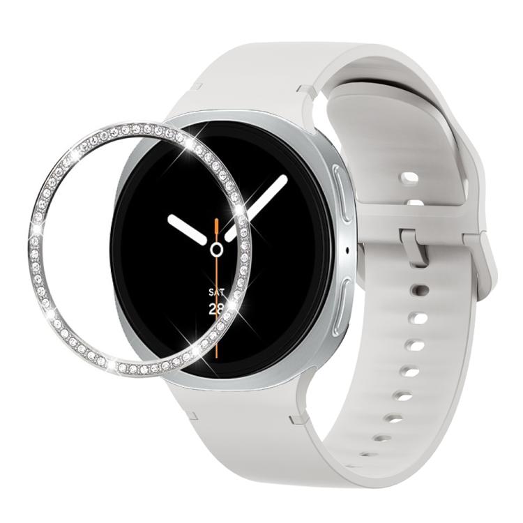 For Samsung Galaxy Watch8 44mm Diamond Bezel and Solid Color Stitched Silicone Watch Band(Lime White Silver)
