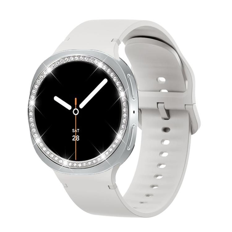 For Samsung Galaxy Watch8 44mm Diamond Bezel and Solid Color Stitched Silicone Watch Band(Lime White Silver)