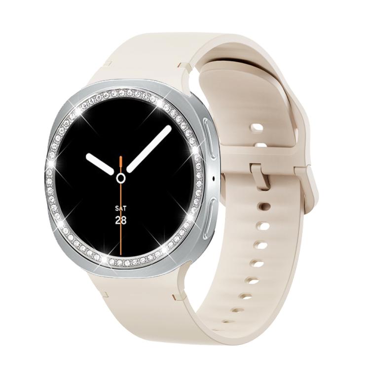 For Samsung Galaxy Watch8 44mm Diamond Bezel and Solid Color Stitched Silicone Watch Band(Starlight Silver)