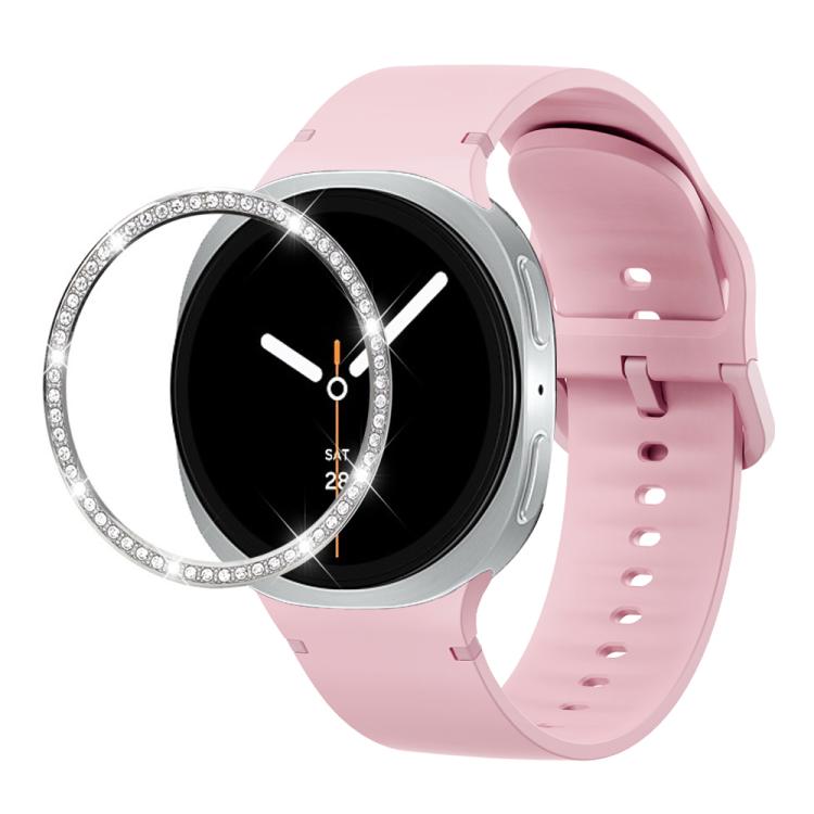 For Samsung Galaxy Watch8 44mm Diamond Bezel and Solid Color Stitched Silicone Watch Band(Light Pink Silver)