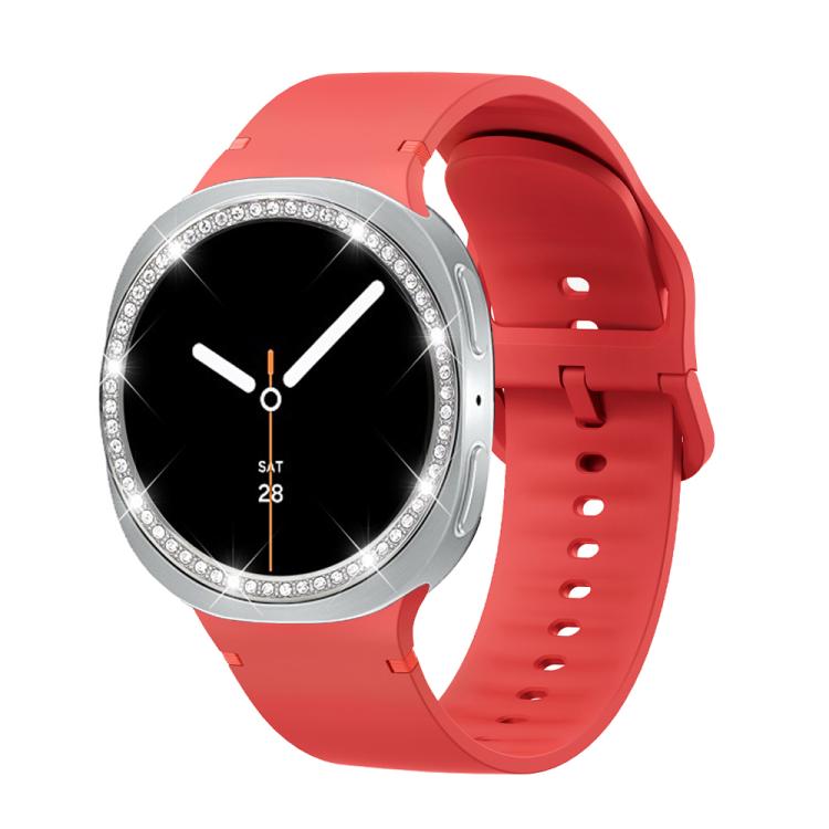 For Samsung Galaxy Watch8 44mm Diamond Bezel and Solid Color Stitched Silicone Watch Band(Red Silver)