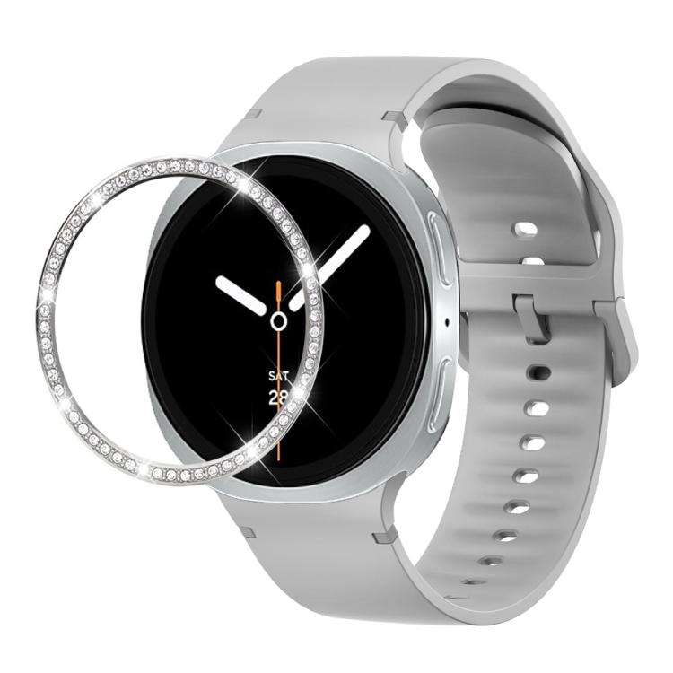 For Samsung Galaxy Watch8 44mm Diamond Bezel and Solid Color Stitched Silicone Watch Band(Gray Silver)