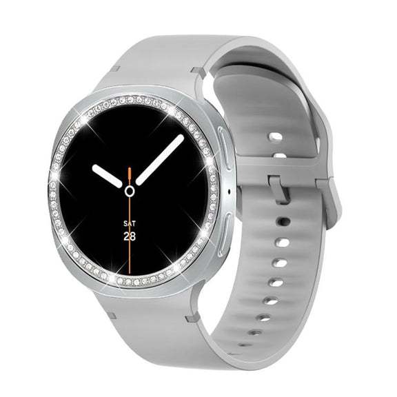 For Samsung Galaxy Watch8 44mm Diamond Bezel and Solid Color Stitched Silicone Watch Band(Gray Silver)