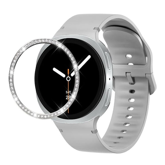 For Samsung Galaxy Watch8 44mm Diamond Bezel and Solid Color Stitched Silicone Watch Band(Gray Silver)