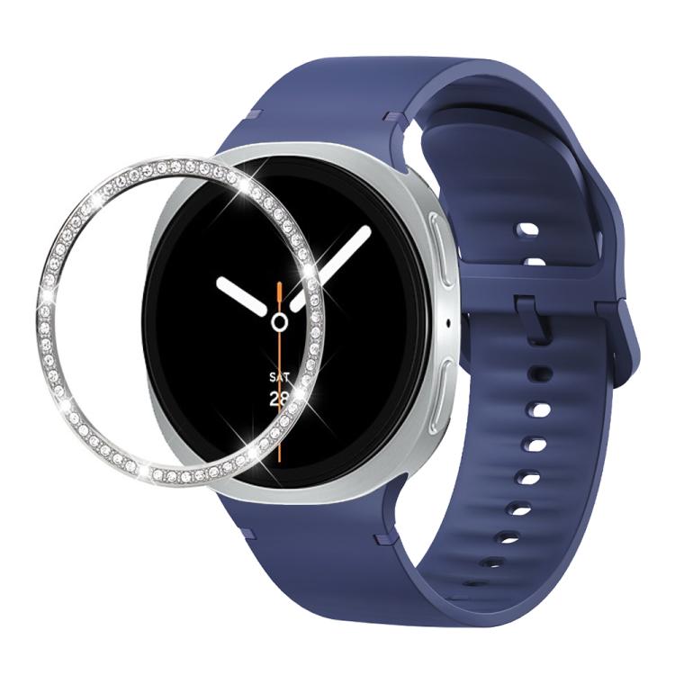 For Samsung Galaxy Watch8 44mm Diamond Bezel and Solid Color Stitched Silicone Watch Band(Midnight Blue Silver)