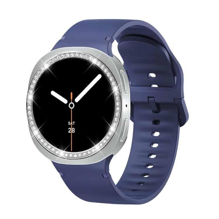 For Samsung Galaxy Watch8 44mm Diamond Bezel and Solid Color Stitched Silicone Watch Band(Midnight Blue Silver)
