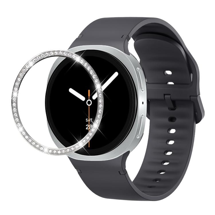 For Samsung Galaxy Watch8 44mm Diamond Bezel and Solid Color Stitched Silicone Watch Band(Dark Gray Silver)
